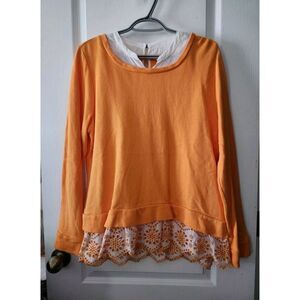 Crown & Ivy Women's Blouse Long Sleeve  Eyelet Scalloped Hemline‎ Orange Size PL